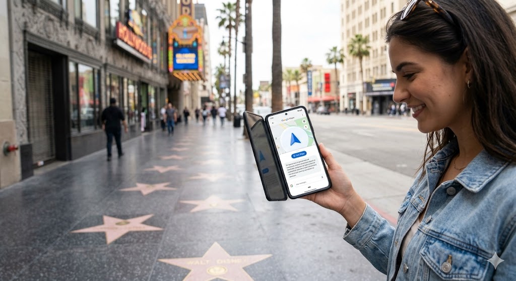 A young woman uses the new Google Maps Gemini AI upgrade to find 'vibe' locations on the Hollywood Walk of Fame in Los Angeles.