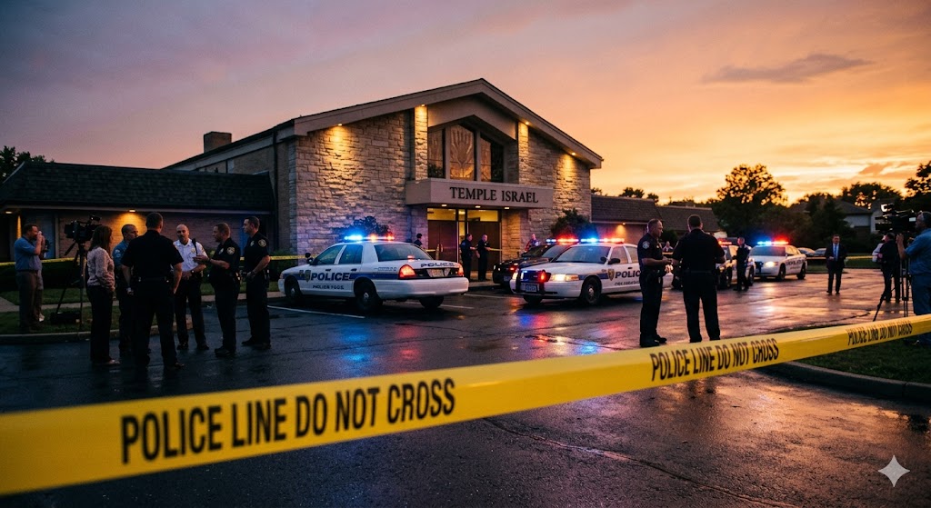 Police cars with flashing lights at Temple Israel after the synagogue attack suspect confirmed dead in Michigan.